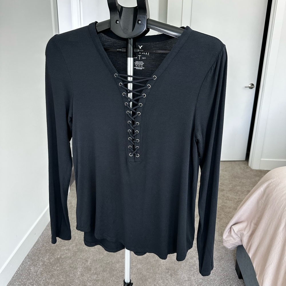 Navy Blue American Eagle Long Sleeve Lace-Up Top
